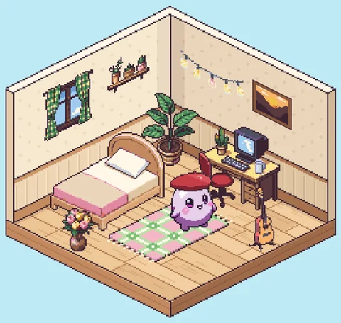 Um quarto decorado, com cama, escrivaninha, plantas e tapete.