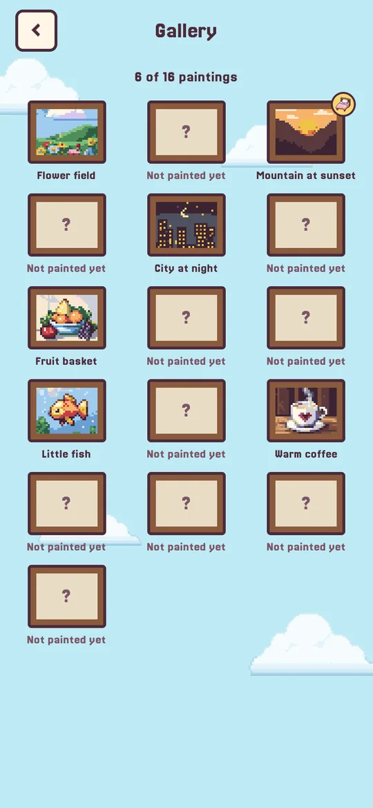 Gallery screen with finished paintings.