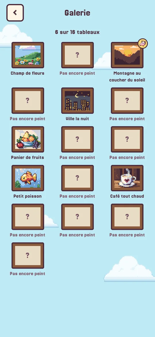Écran de la Galerie avec des tableaux terminés.