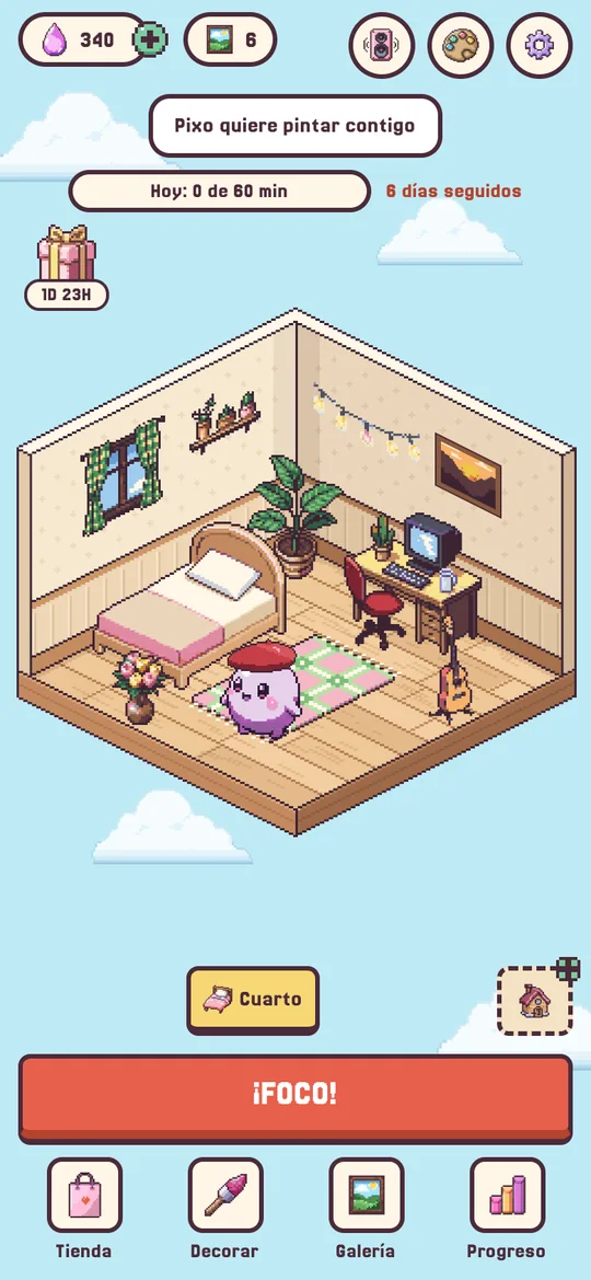 Pantalla de inicio: el bichito en un cuarto decorado, con el botón de enfocar.