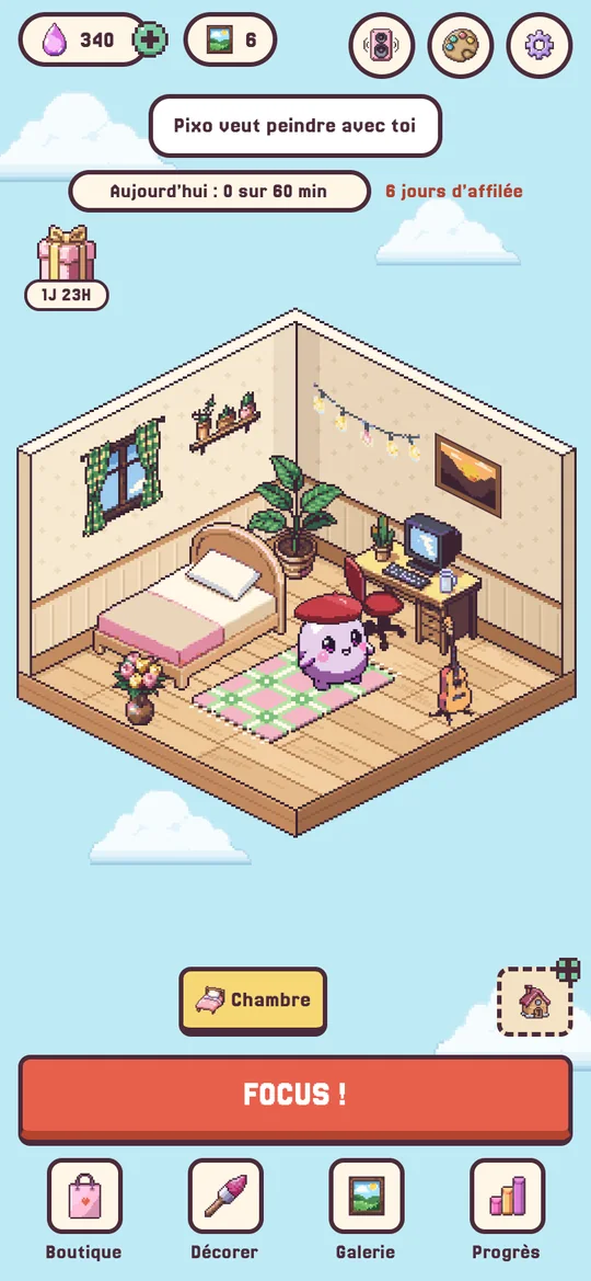 Écran d’accueil : le petit compagnon dans une chambre décorée, avec le bouton Focus.