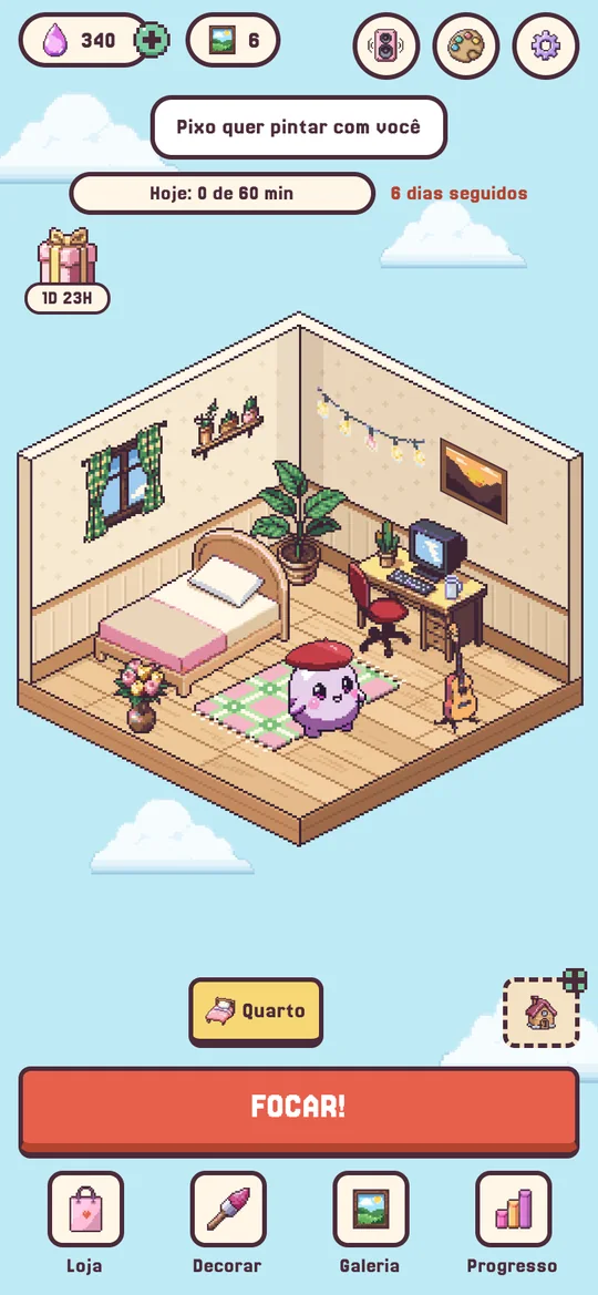 Tela inicial: o bichinho num quarto decorado, com o botão Focar.