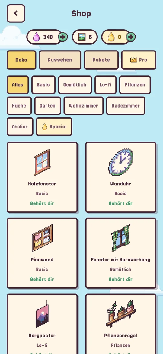 Shop-Bildschirm mit Deko-Objekten.