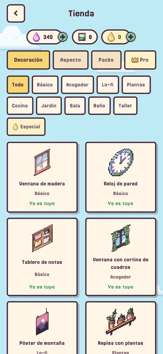Pantalla de la Tienda con decoraciones.