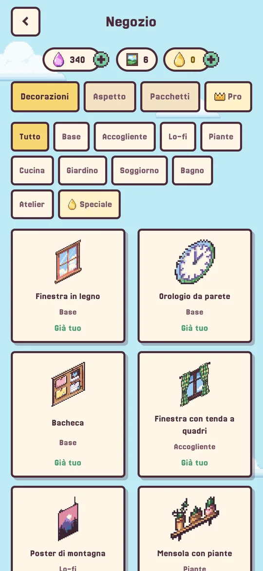 Schermata del Negozio con le decorazioni.